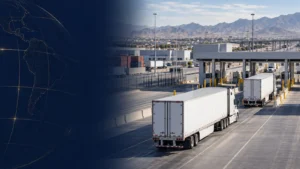 Tractocamiones en un patio aduanal de una operación de comercio entre México y Estados Unidos.
