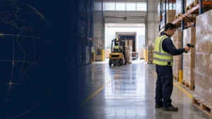 Operario escanea mercancía paletizada en un almacén con controles de carga y un montacargas al fondo.