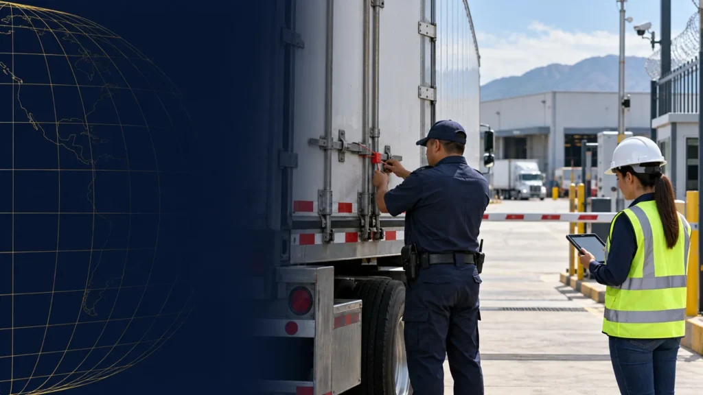 Personal de seguridad revisa el sello de un remolque con una supervisora en el acceso de una instalación exportadora