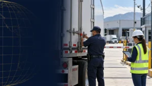Personal de seguridad revisa el sello de un remolque con una supervisora en el acceso de una instalación exportadora