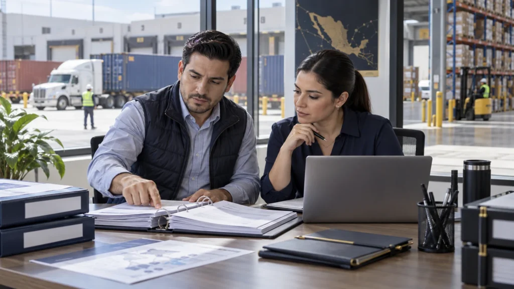 Dos especialistas revisando expedientes de cumplimiento en una oficina junto a un almacén logístico