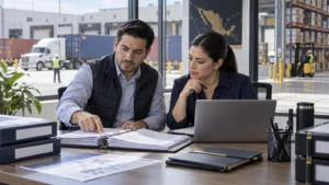 Dos especialistas revisando expedientes de cumplimiento en una oficina junto a un almacén logístico